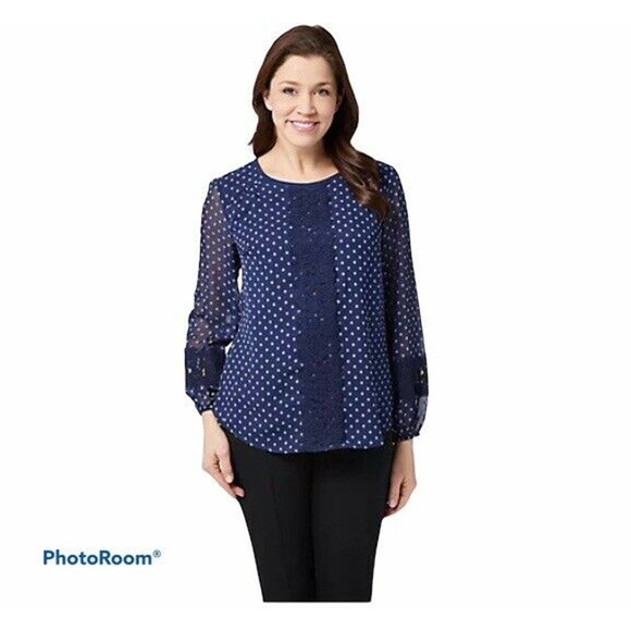 Isaac Mizrahi Live‎ 8 Clipped Dot Peasant Blouse - Picture 1 of 8